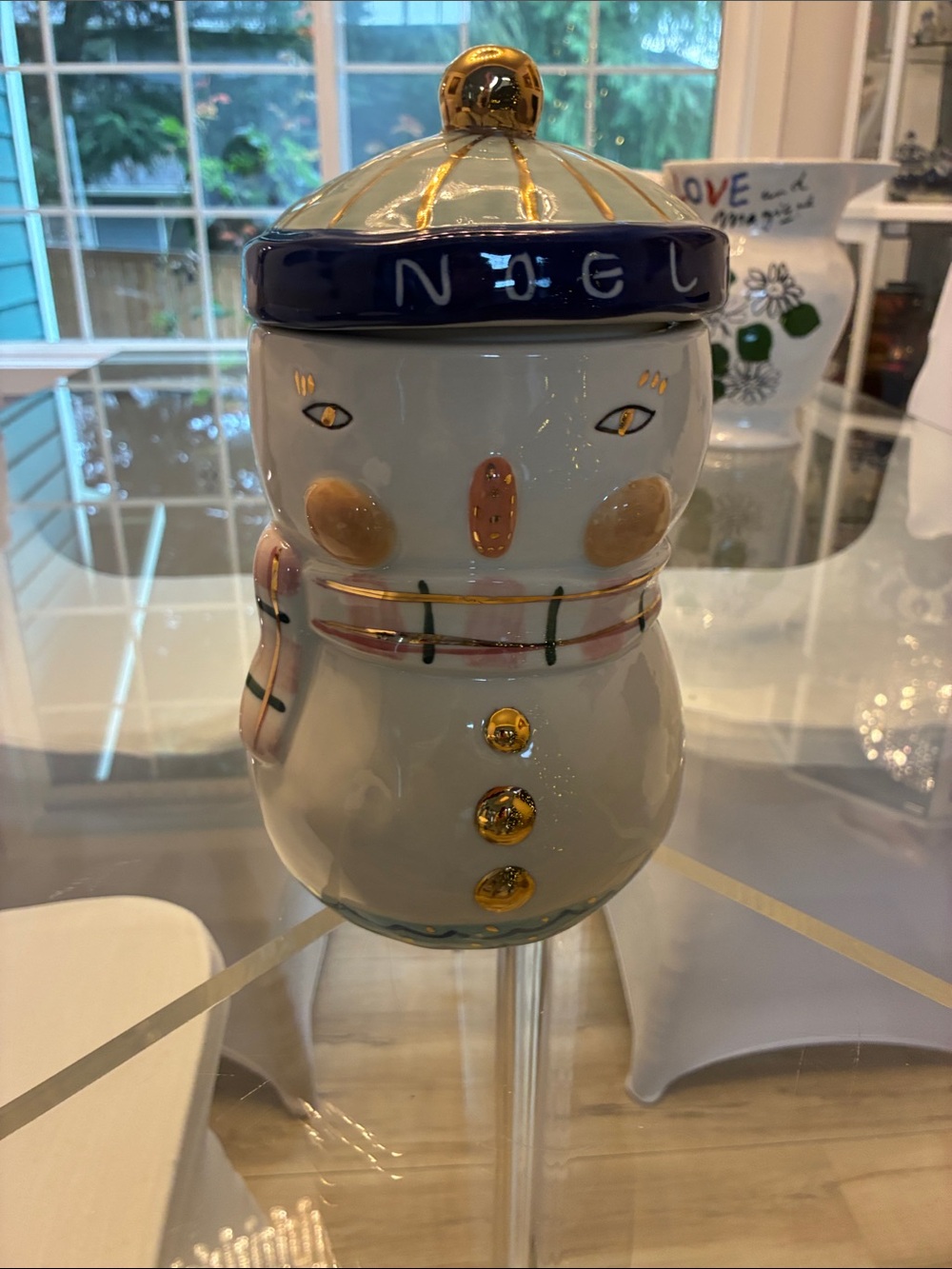 Anthropologie Ceramic Snowman Canister in White, Navy & Gold